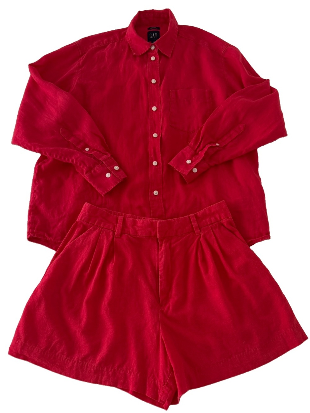 GAP Red linen oversized shirt and linen High-Waist Pleated Shorts Set